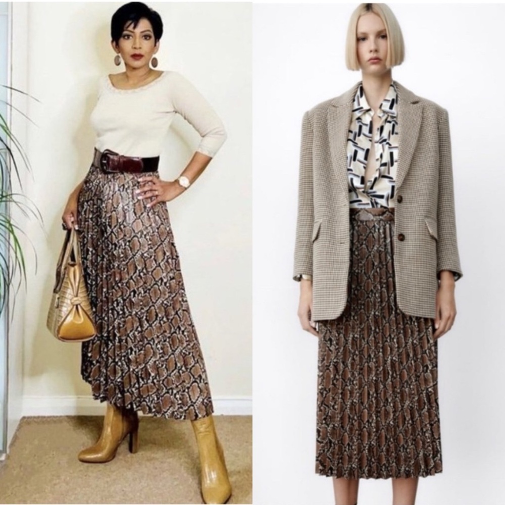ZARA FAUX LEATHER SNAKESKIN PLEATED BROWN TAN MIDI SKIRT